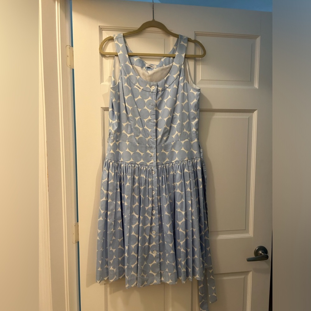 Calvin Klein baby blue and white polka dot belted dress, looks like size 10